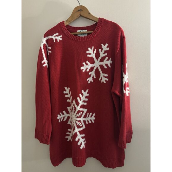 Vintage Quacker Factory Sweater Womens 1X Red Snowflake Christmas Ramie Cotton - Picture 1 of 9